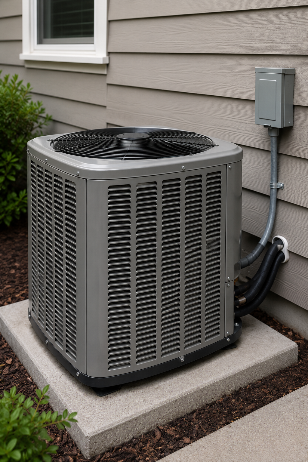 Outdoor air conditioner unit beside a house wall
