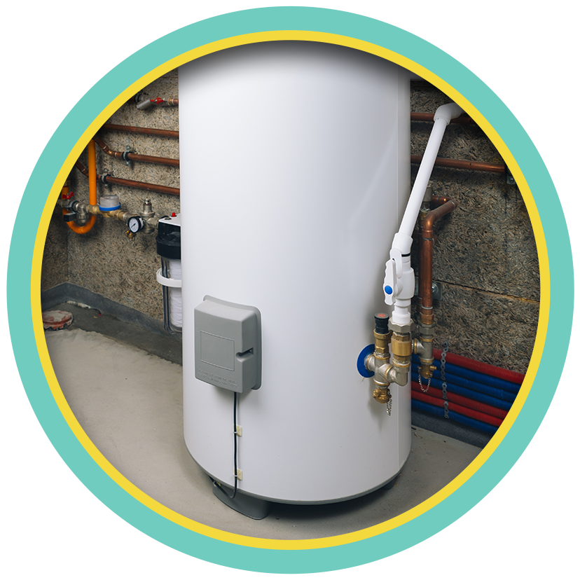 White cylindrical water heater with pipes and valves in a utility room.
