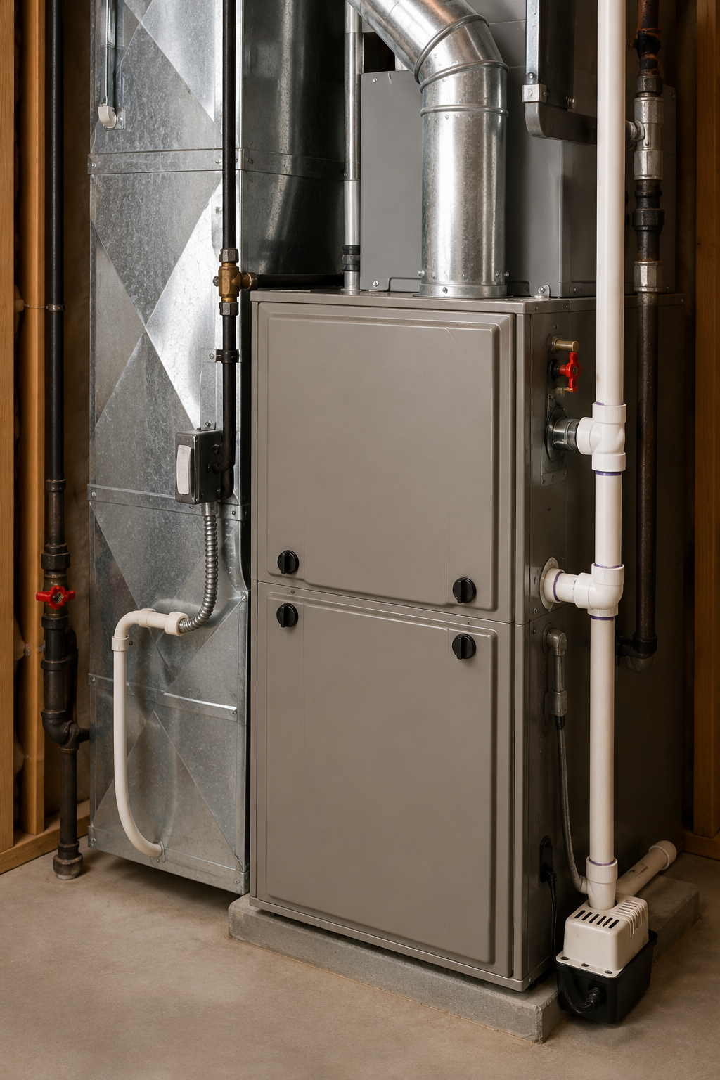 Gray HVAC furnace and ductwork in a utility closet.