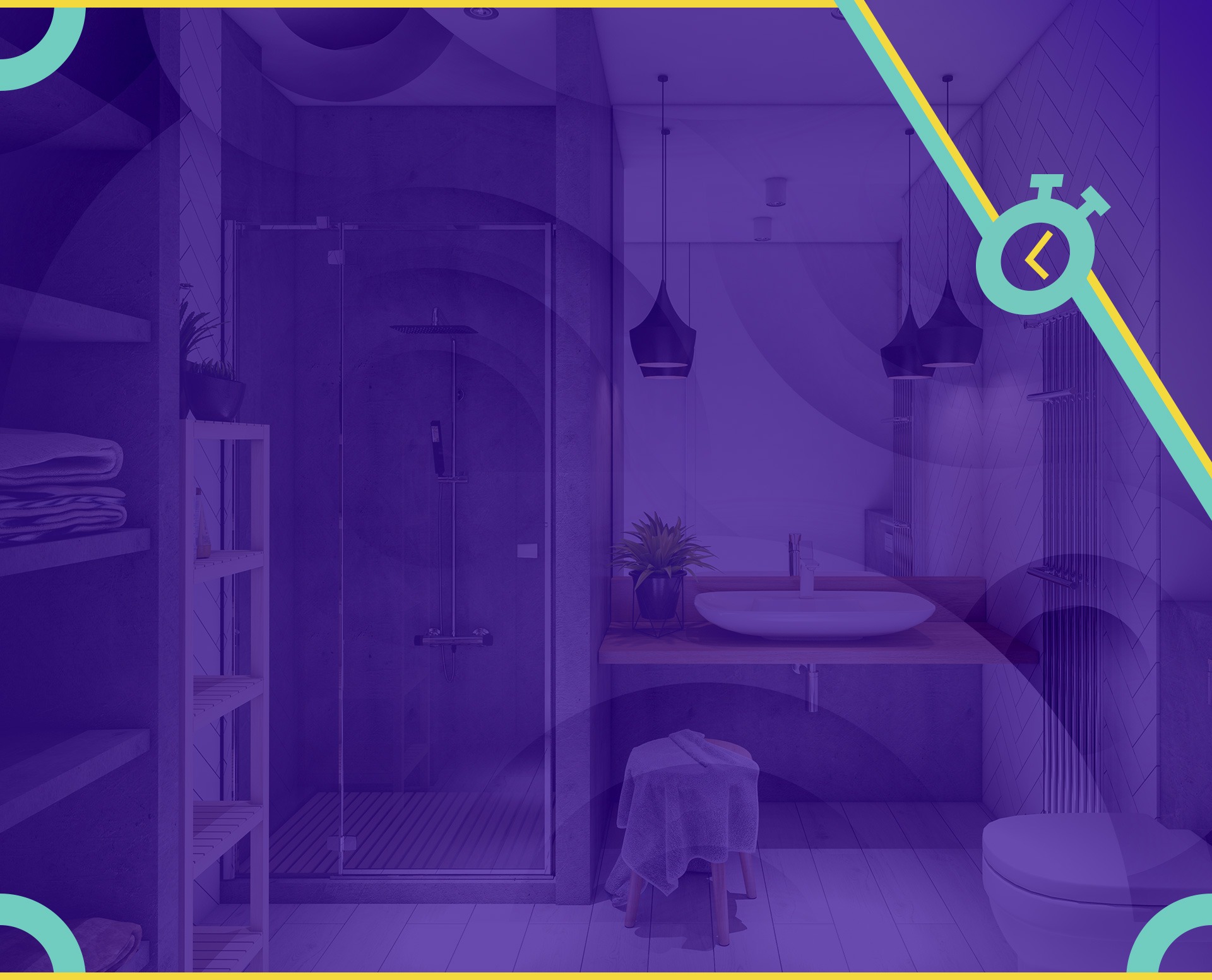 Purple-tinted futuristic bathroom with glowing geometric overlay
