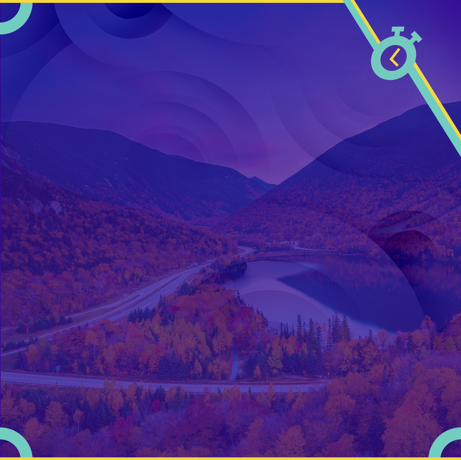 Stylized purple mountain valley with winding river and neon corner accents