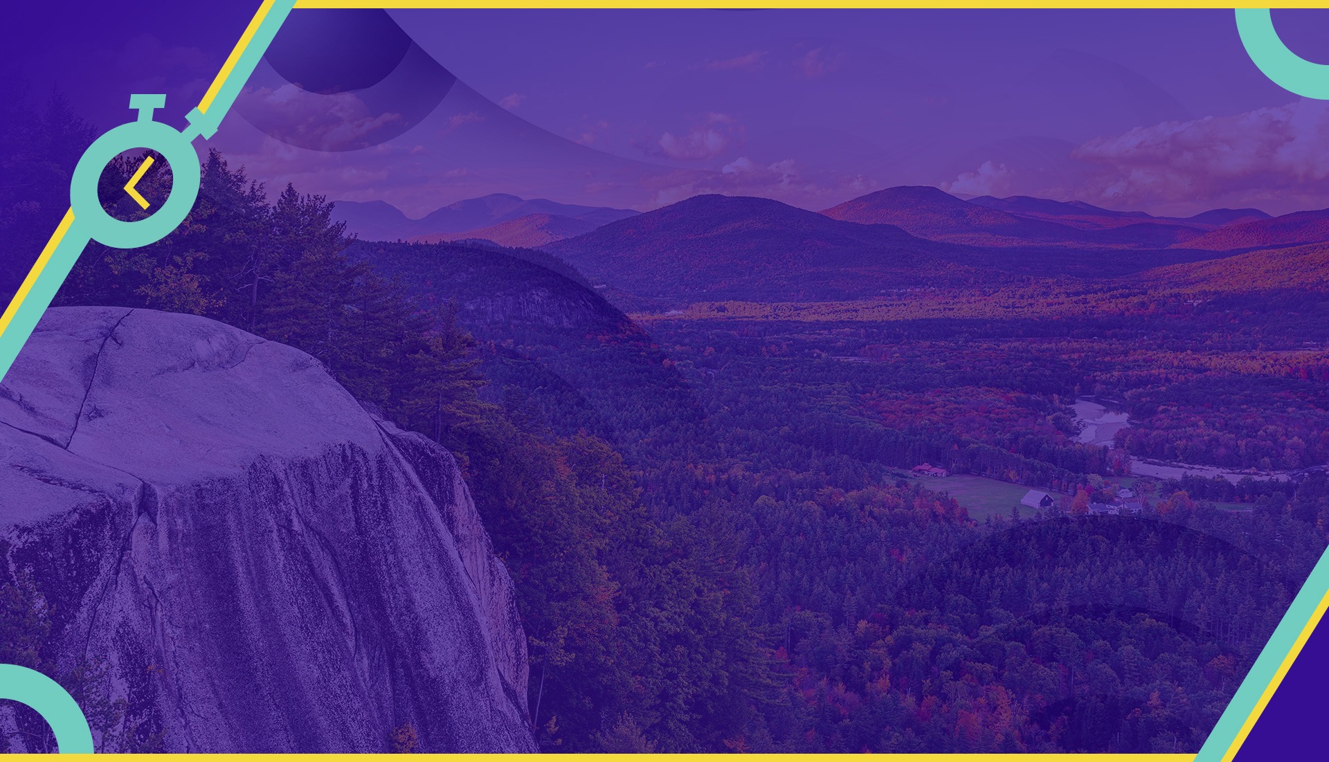 Purple-tinted landscape with a waterfall, mountains, and neon corner accents