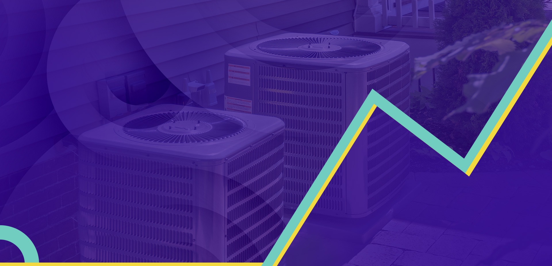 Purple tech-themed graphic with a neon zigzag line over a blurred office background