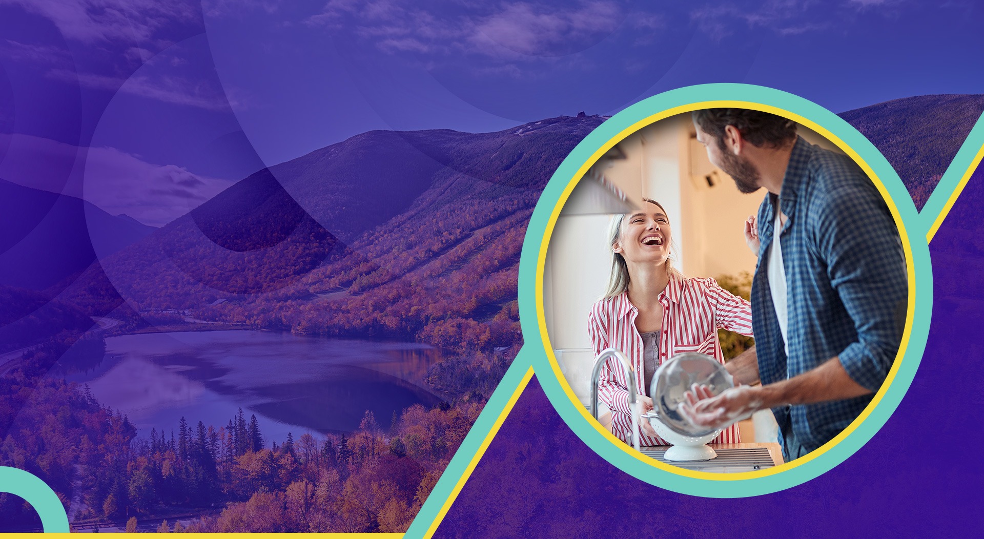 Purple abstract background with mountains and a circular inset of two people talking outdoors