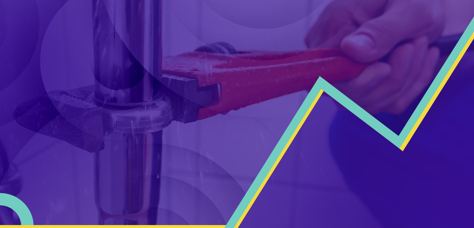 Purple-tinted graphic of a hand using a pipe wrench on plumbing pipes