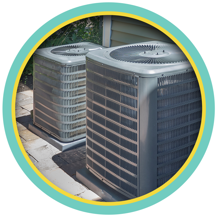 Two modern office buildings inside a teal and yellow circle logo