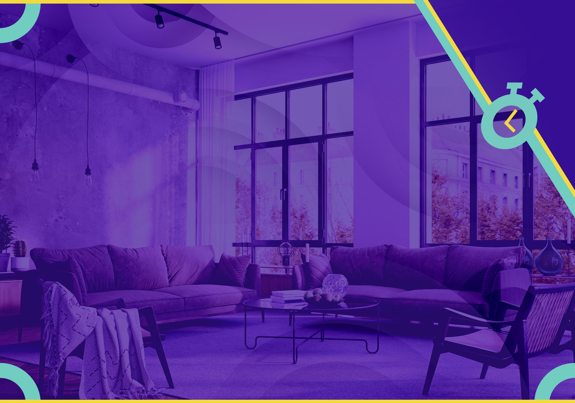 Purple-tinted living room with sofas, coffee table, and large windows.
