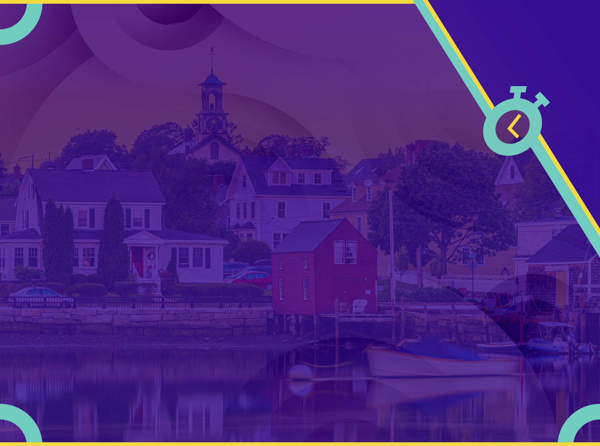 Purple-tinted waterfront town with geometric graphic overlays