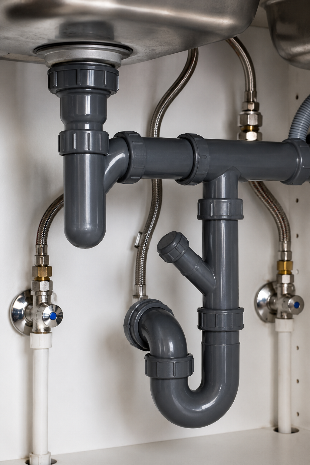 Under-sink plumbing pipes and valves inside a cabinet